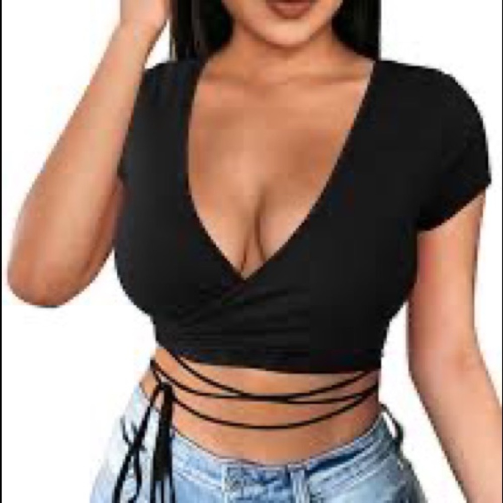 Garage V Neck Wrap Around Short Sleeve Crop Too